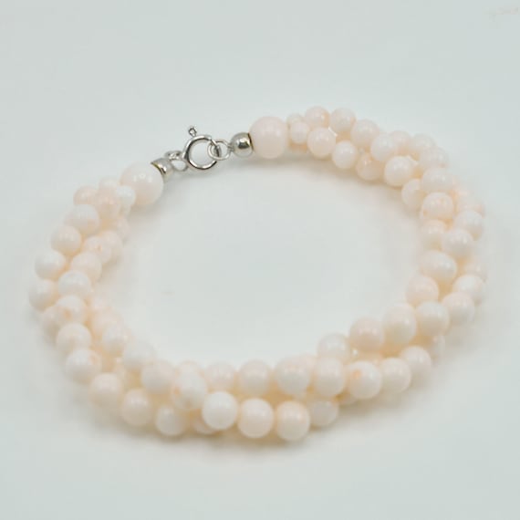 Pink coral bead bracelet, 3-strand twisted model, 925 silver, Italian craftsmanship