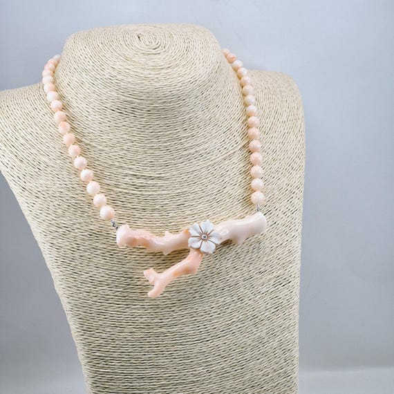 Pink coral necklace, natural central branch, cameo flower engraved on shell, 925 silver, Italian craftsmanship