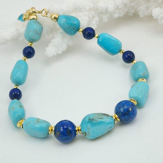 Stabilized Arizona turquoise bracelet, lapis lazuli, 925 gold-plated silver