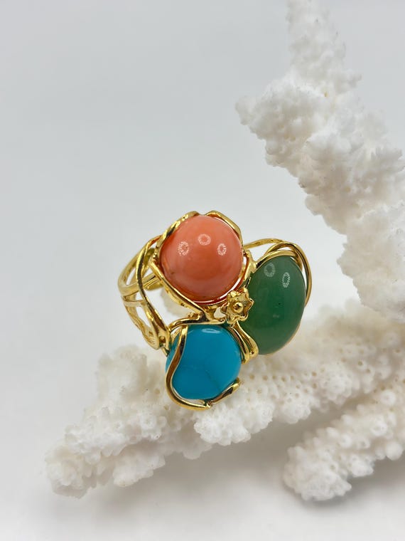Multi-stone ring with pink CORAL, stabilized American TURQUOISE stone and natural JADE with gold-plated 925 silver setting