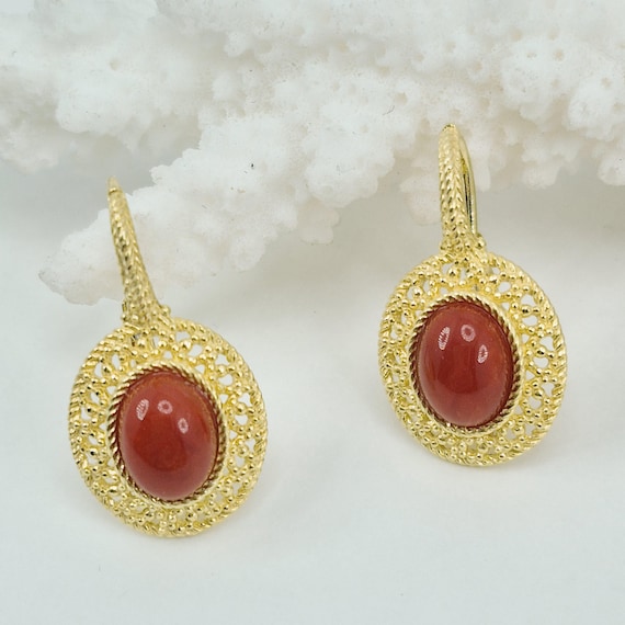 Mediterranean coral earrings, gold-plated 925 silver, handcrafted jewelry.