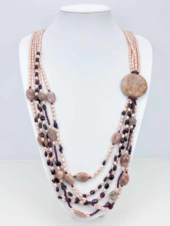 Multi-stone necklace with GARNET, SUNSTONE and freshwater cultured BEADS from Asia