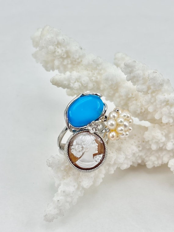 Multi-stone ring with hand-engraved CAMEO, stabilized TURQUOISE natural stone, beaded flower and 925 silver setting