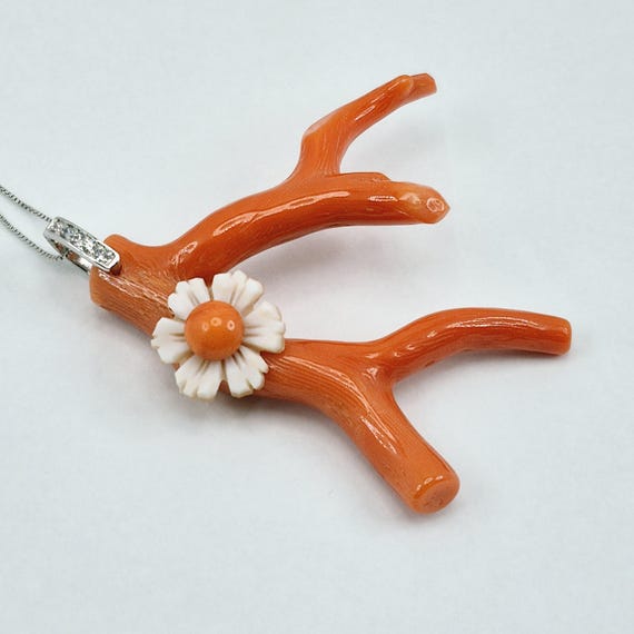 Mediterranean coral branch pendant and cameo flower, 925 silver, Italian craftsmanship