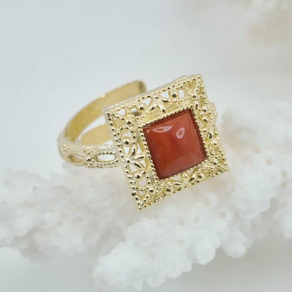 Mediterranean coral ring, 925 silver plated in gold, Italian craftsmanship