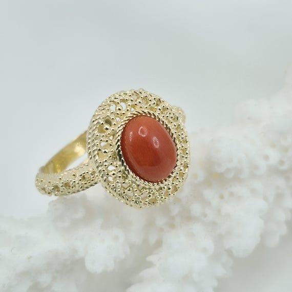 Mediterranean coral ring, 925 gold-plated silver, adjustable size