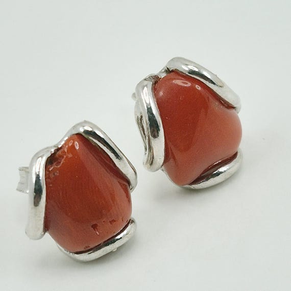 Mediterranean coral earrings, natural baroque shuttle shape, 925 silver, Italian craftsmanship