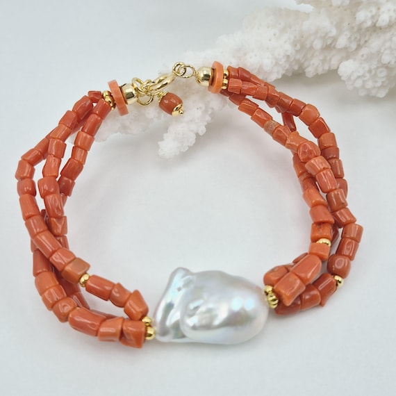 Mediterranean coral bracelet, baroque pearl, gold-plated 925 silver
