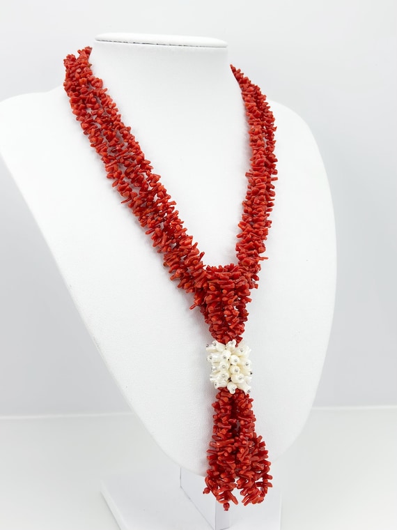 3-strand necklace in red CORAL from the Mediterranean Sea and flowers engraved on MOTHER OF PEARL, 925 Silver clasp
