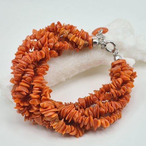 Mediterranean coral bracelet, torchon model, 925 silver