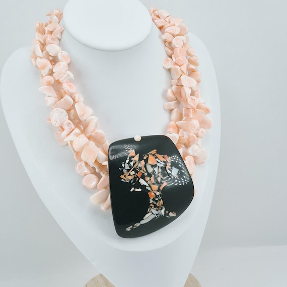 Pink coral necklace with horn plate inlaid with coral, 925 silver