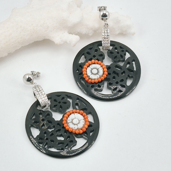 Inlaid horn earrings, floral cameos engraved on Cassis Madagascariensis shell, Mediterranean coral, 925 silver, zirconia