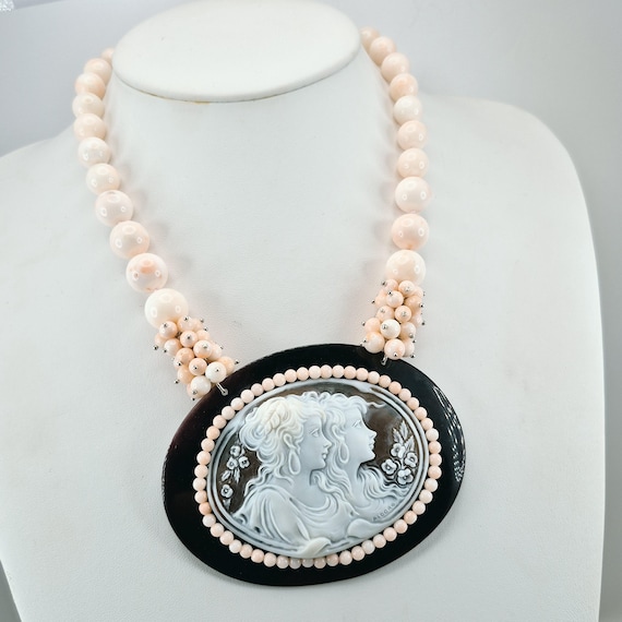 Pink coral and cameo necklace, 925 silver, Italian craftsmanship