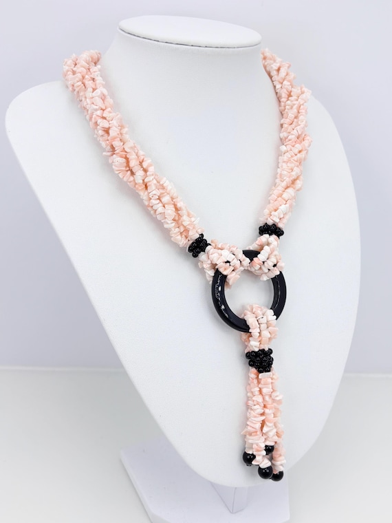 Torchon necklace with natural pink CORAL flakes from the Pacific Ocean and natural ONYX with 925 SILVER clasp