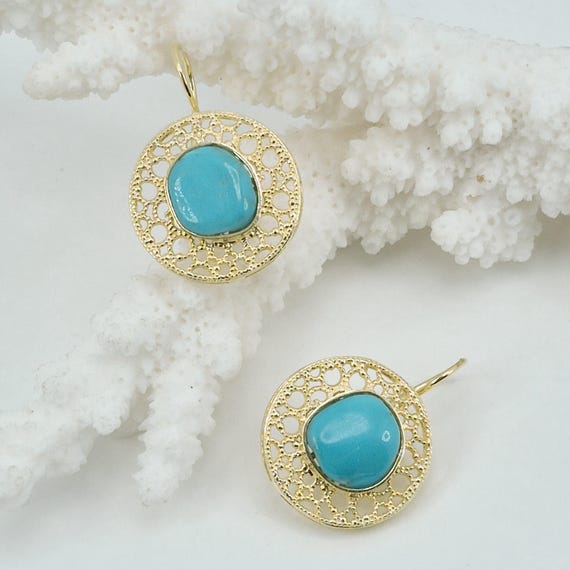 Stabilized American Turquoise Earrings, 925 Gold-Plated Silver, Arizona Turquoise