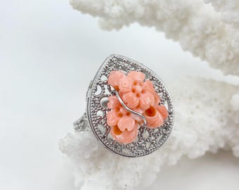 Ring i 925 SILVER och naturlig rosa KORALL handgraverad från Stilla havet, justerbar storlek