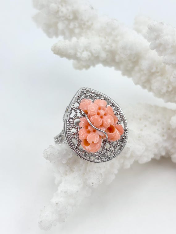 Ring in 925 SILVER and natural pink CORAL hand-engraved from the Pacific Ocean, adjustable size