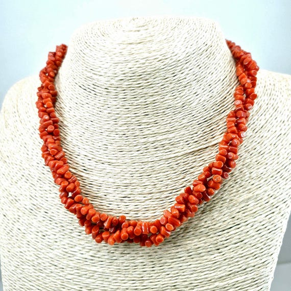 Mediterranean coral necklace, three-strand twisted model, 925 silver, Italian craftsmanship