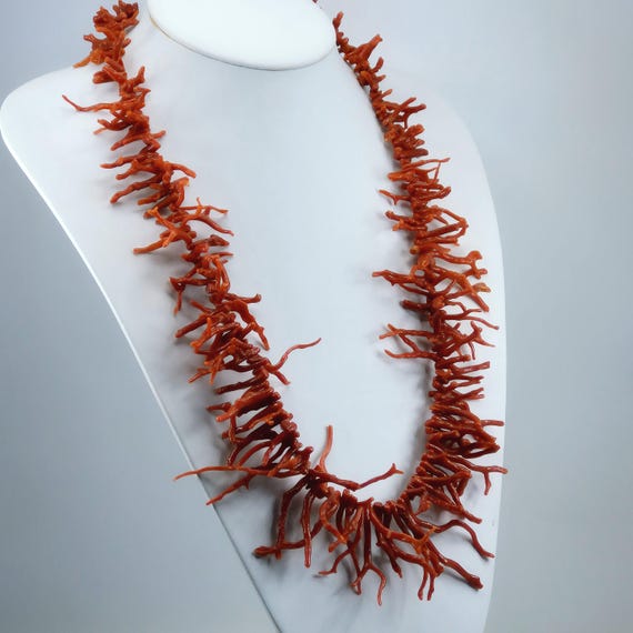Mediterranean coral necklace, natural shape branches, big size, 95 grams, 925 silver clasp