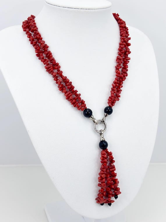Multi-wearable necklace in natural red CORAL from the Mediterranean Sea with black AGATE and 925 SILVER and zirconia clasp