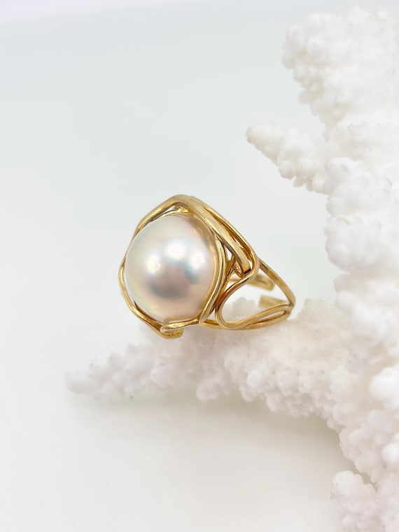 Anello regolabile con PERLA Mabe e montatura in ARGENTO 925 placcato oro