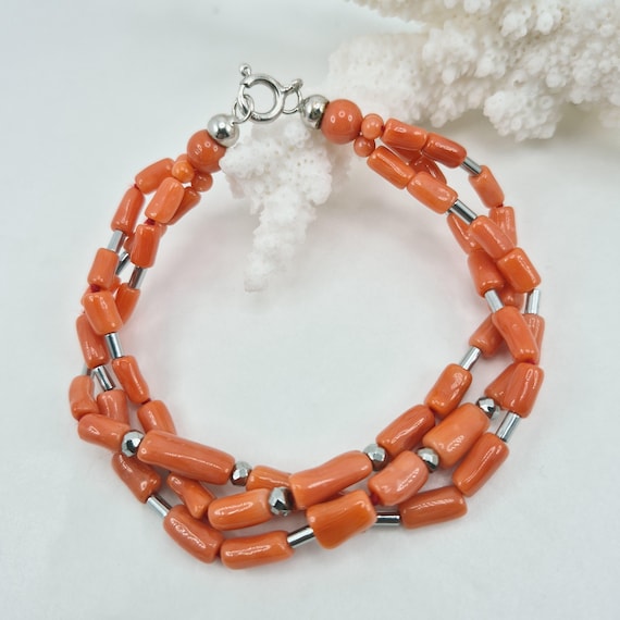 Mediterranean coral bracelet, hematite, 925 silver