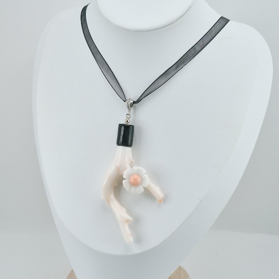 Pink coral branch, black coral, 925 silver and zirconia, Italian craftsmanship