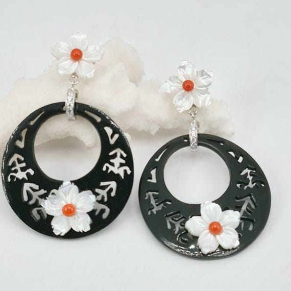 Inlaid horn, mother-of-pearl and Mediterranean coral earrings, 925 silver