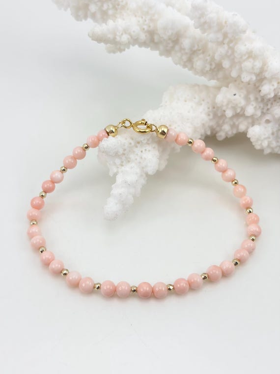 Bracelet in natural pink CORAL from the Pacific Ocean and golden hematite spheres with gold-plated 925 SILVER clasp