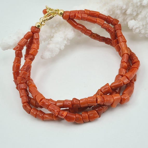 Mediterranean coral bracelet, torchon model, gold-plated 925 silver