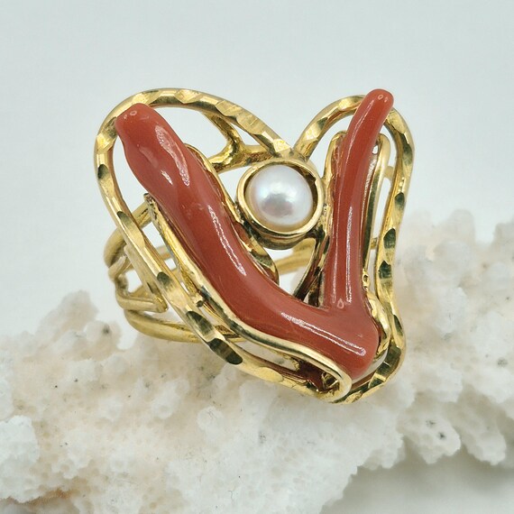 Red Coral and Pearl Ring