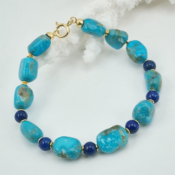Stabilized Arizona turquoise bracelet, lapis lazuli, 925 gold-plated silver