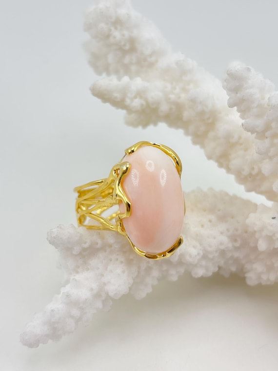 Ring with natural pink CORAL cabochon from Asian seas and gold-plated 925 SILVER setting