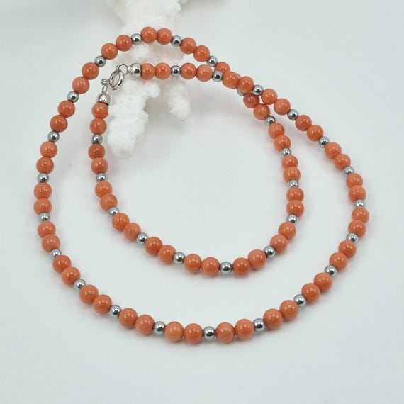 Mediterranean coral necklace, hematite, 925 silver clasp.
