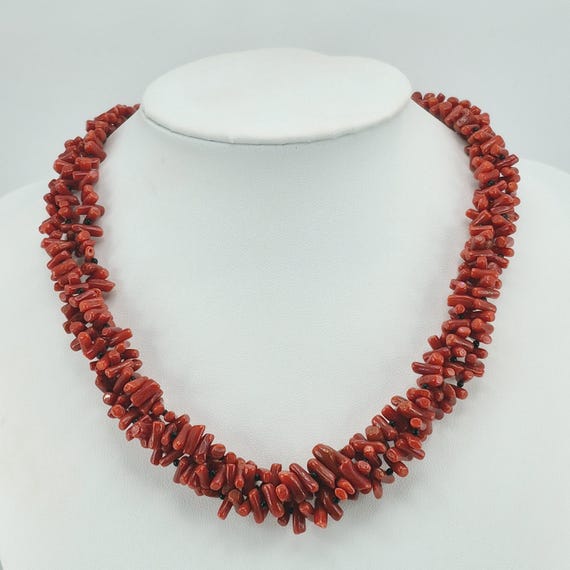 Mediterranean coral necklace with onyx microspheres, three-strand twist of authentic coral, 925 silver, Italian craftsmanship