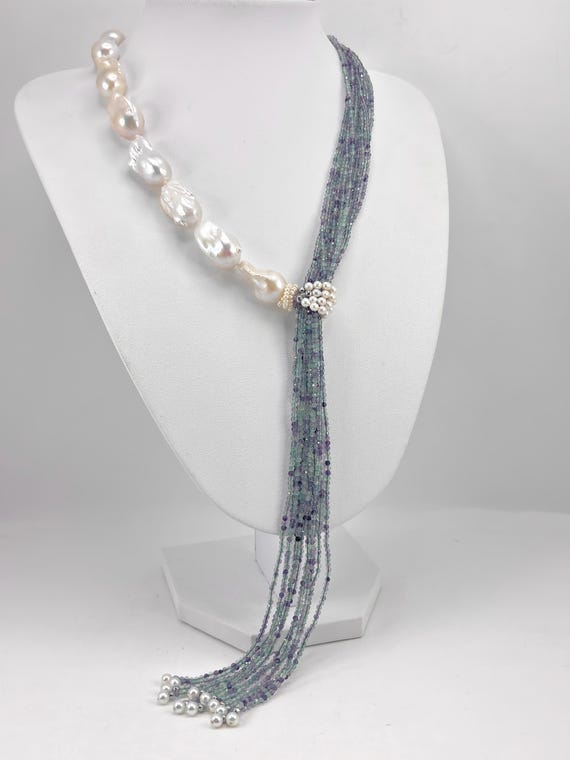 Collana con PERLE barocche coltivate d’acqua dolce e fili in QUARZO rutilato, chiusura in argento 925