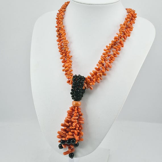 Sciacca coral necklace, Mediterranean coral, natural black onyx, 925 gold-plated silver