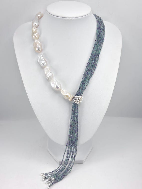 Necklace with cultured freshwater baroque pearls and rutilated quartz strands, 925 silver clasp