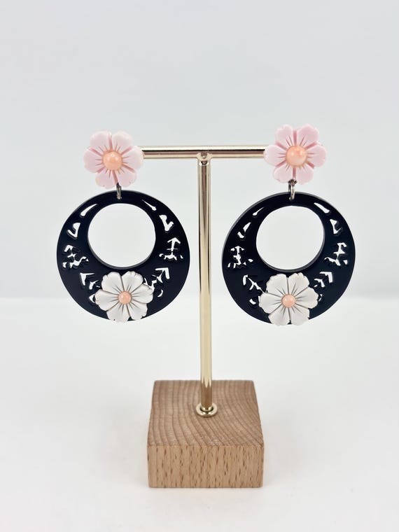 Earrings made of natural pink CORAL from the Pacific Ocean and hand-engraved floral CAMEO on a shell, set in 925 SILVER