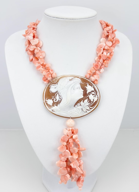 Pink Coral and Cameo Necklace, pink coral and cameo necklace, 925 silver, Italian craftsmanship, stunning Pacific coral necklace.