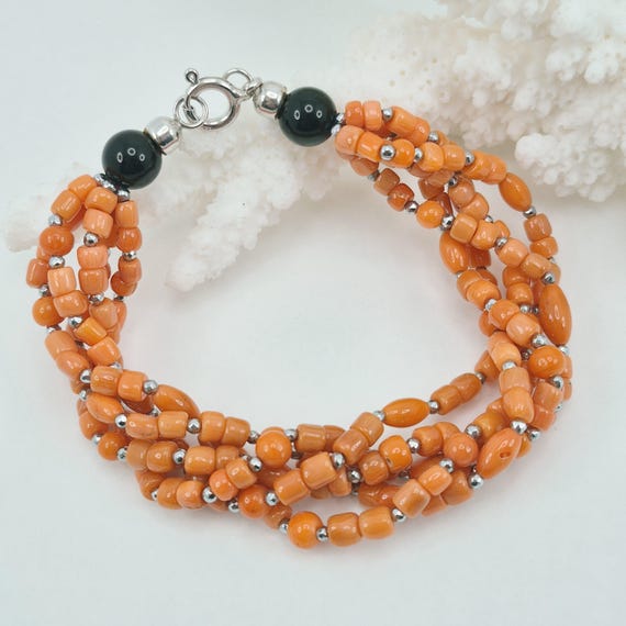 Sciacca coral and onyx bracelet, hematite, 925 silver