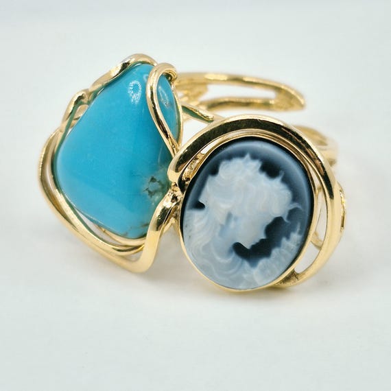 American Turquoise Ring and Blue Agate Cameo, 925 Silver Gold Plated