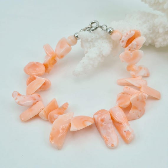Bracelet made of natural pink CORAL flakes from the Pacific Ocean and 925 SILVER clasp