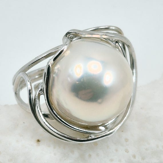 Freshwater cultured Mabe pearl ring, rhodium-plated 925 silver, Italian craftsmanship