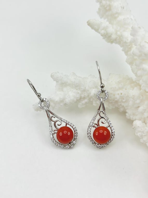 Earrings in natural red CORAL from the Mediterranean Sea, set in 925 silver and zircons