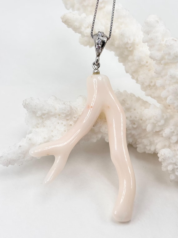 Pendant with a branch of natural pink CORAL from the Pacific Ocean mounted in 925 SILVER and ZIRCONIA