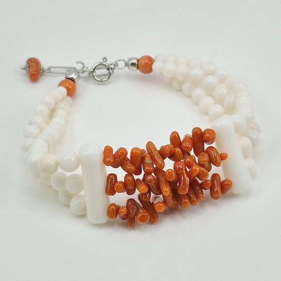 Pacific white coral and Mediterranean coral bracelet, 925 silver, Italian craftsmanship