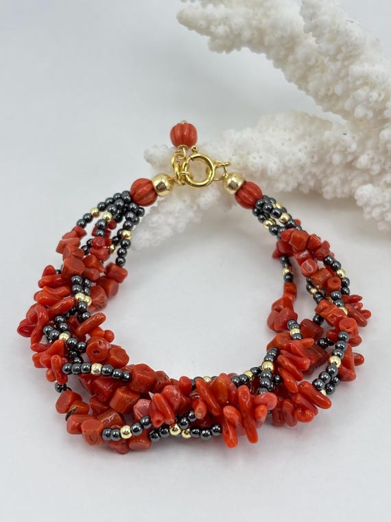 Multi-strand bracelet in red CORAL from the Mediterranean Sea, with grey and golden hematite and gold-plated 925 SILVER clasp