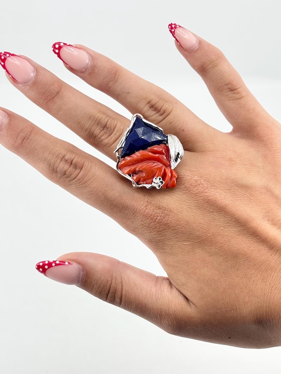 Ring in red CORAL from the Mediterranean Sea and LAPIS LAZULI, 925 silver, adjustable size