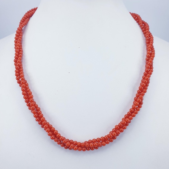 Mediterranean Red Coral Necklace Three Strands. 3.5mm Spheres Intense Red Authentic and Natural (NOBAMBOO). 925 Silver Clasp